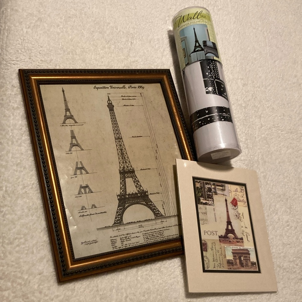 Paris France Wall Art lot frame, Eiffel Tower vinyl wall sticker, postcard print